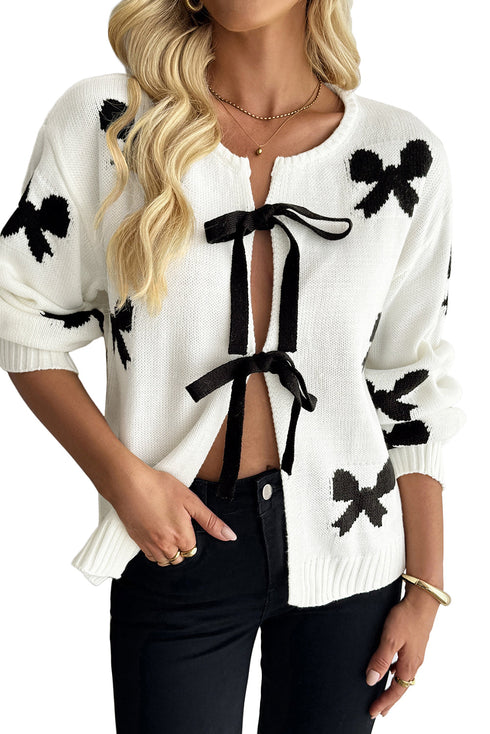 Ribbon Tie Front Bow Jacquard Knit Cardigan